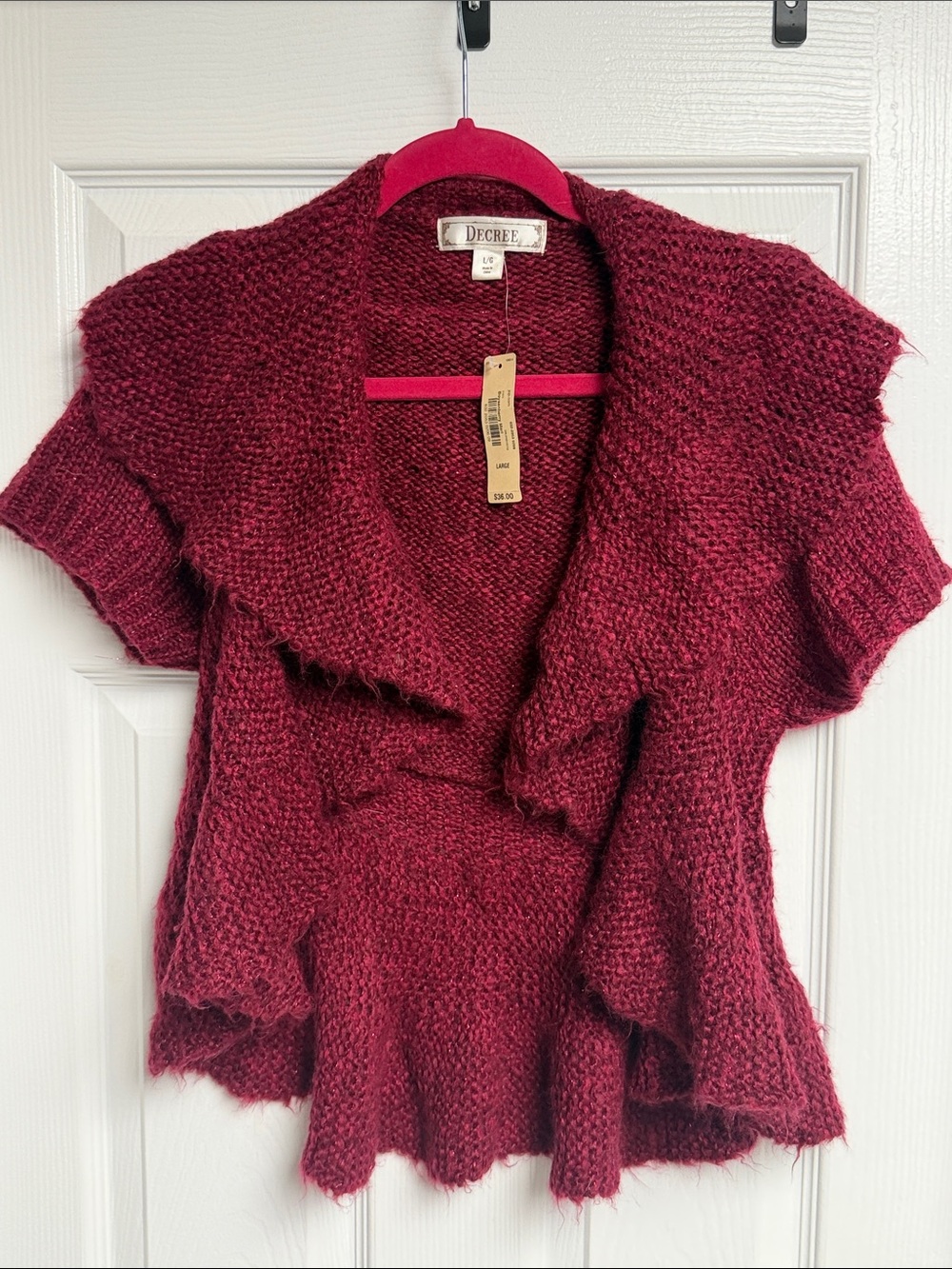 Y2K NWT Decree Women's Deep Burgundy Ruffled Short-Sleeve Knit Cardigan